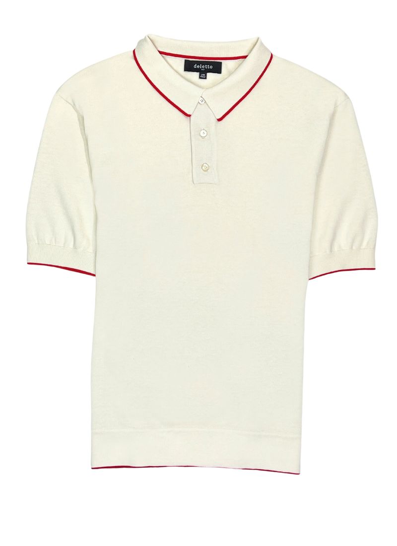 STYLE  ST. GABRIEL - Off-White Button Down Polo with Red Contrast Trim